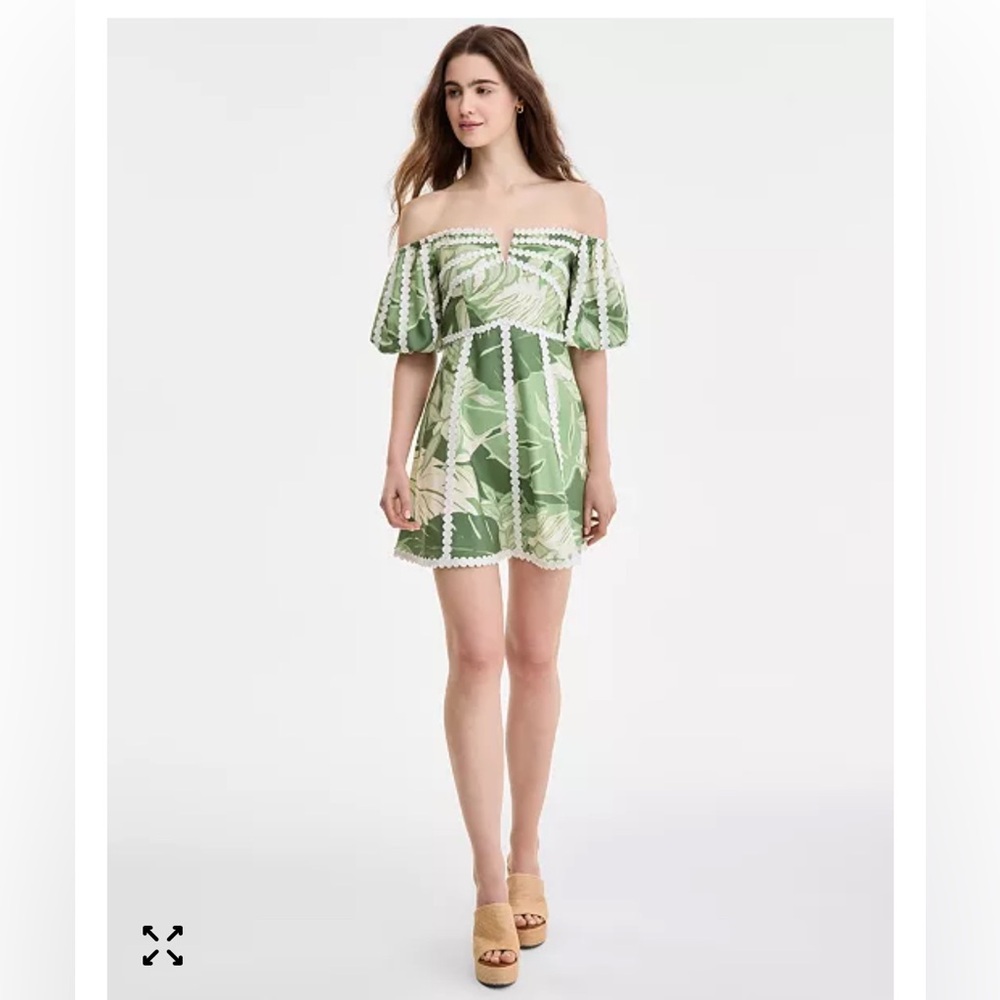 RACHEL Rachel Roy Green Tropical Print Off-Shoulder Mini Dress